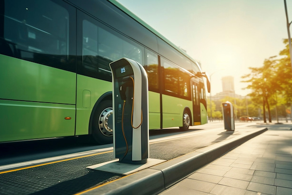 Stockphoto, copy space, modern public transport bus charging on an electric charging point, renewable energy theme. Clean green energy, zero waste. schermatura bus e veicoli elettrici